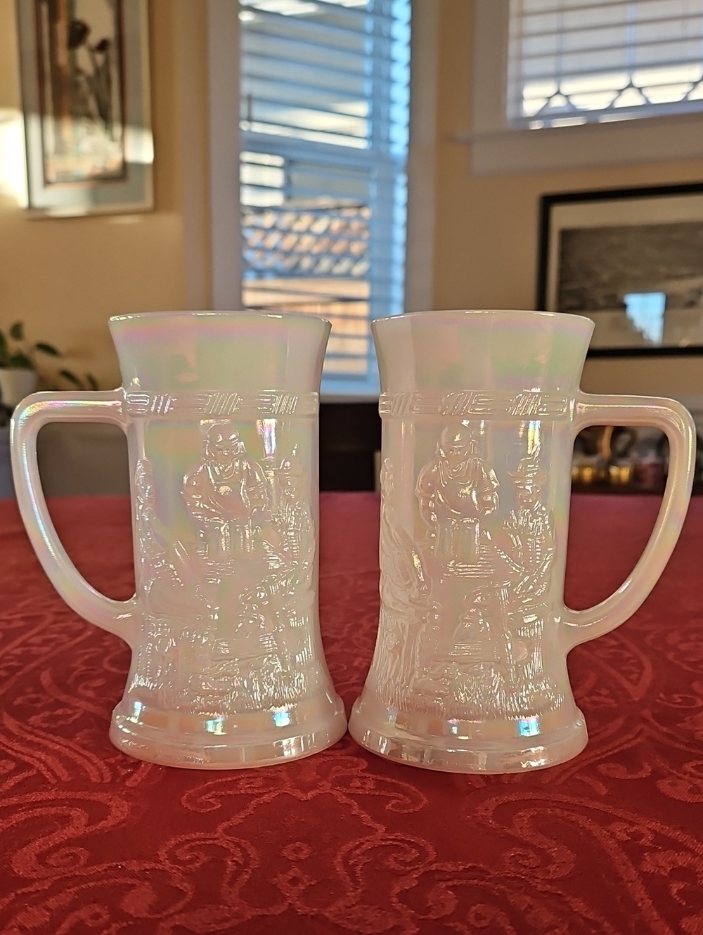 Iridescent Opalescent "Moonglow" rainbow sheen Milk Glass 3D Federal Glass Stein